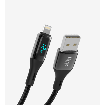 K682 Dijital Göstergeli PD 2.4A Çinko Başlı USB-A Lightning Şarj Kablo