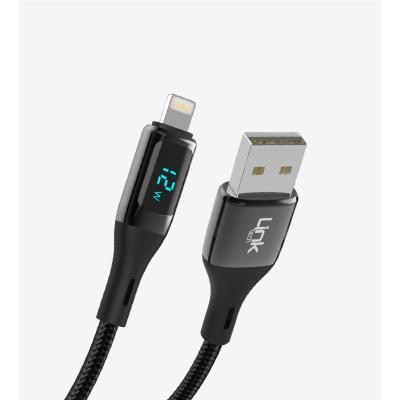 K682 Dijital Göstergeli PD 2.4A Çinko Başlı USB-A Lightning Şarj Kablo